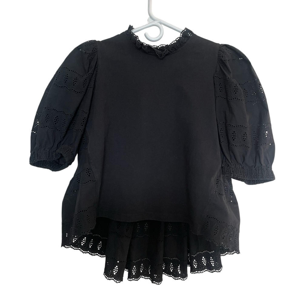 Anthropologie Othilia Idina Black Babydoll Ruffle gothicPuff Sleeve Eyelet Top S - Picture 3 of 8